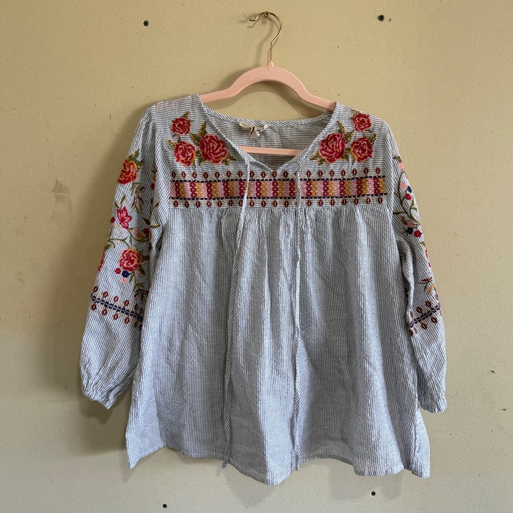 Savanna Jane Floral Embroidered Boho Peasant Blouse Large